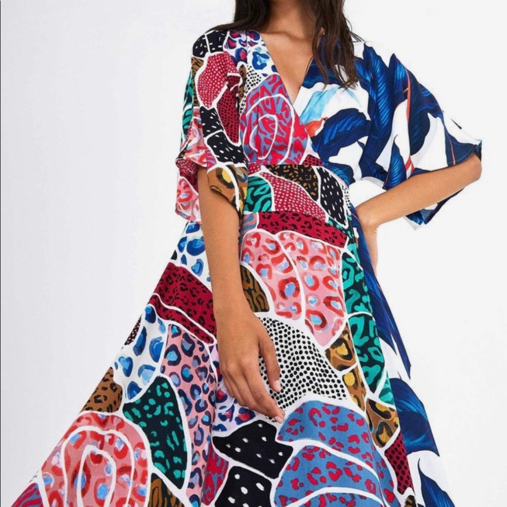 FARM Rio Blue and Pink Flutter Sleeve Sundress